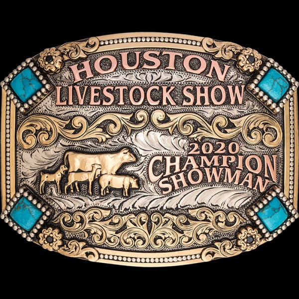 The Placerville Custom Belt Buckle its a unique buckle that features four big square simulated turquoise stones. Customize this design for your rodeo or livestock event!